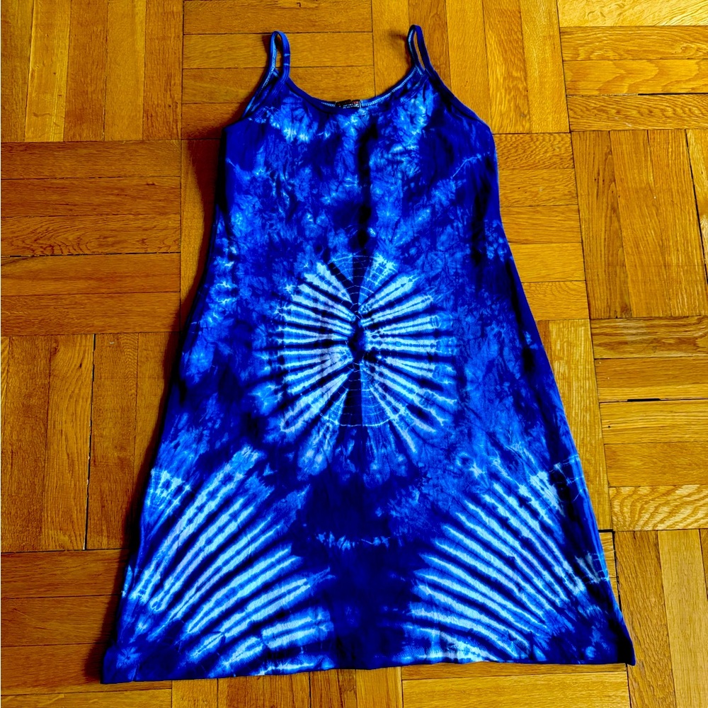 Blue and white soft heavy Tie-Dye cotton sundress with stretch. Size M